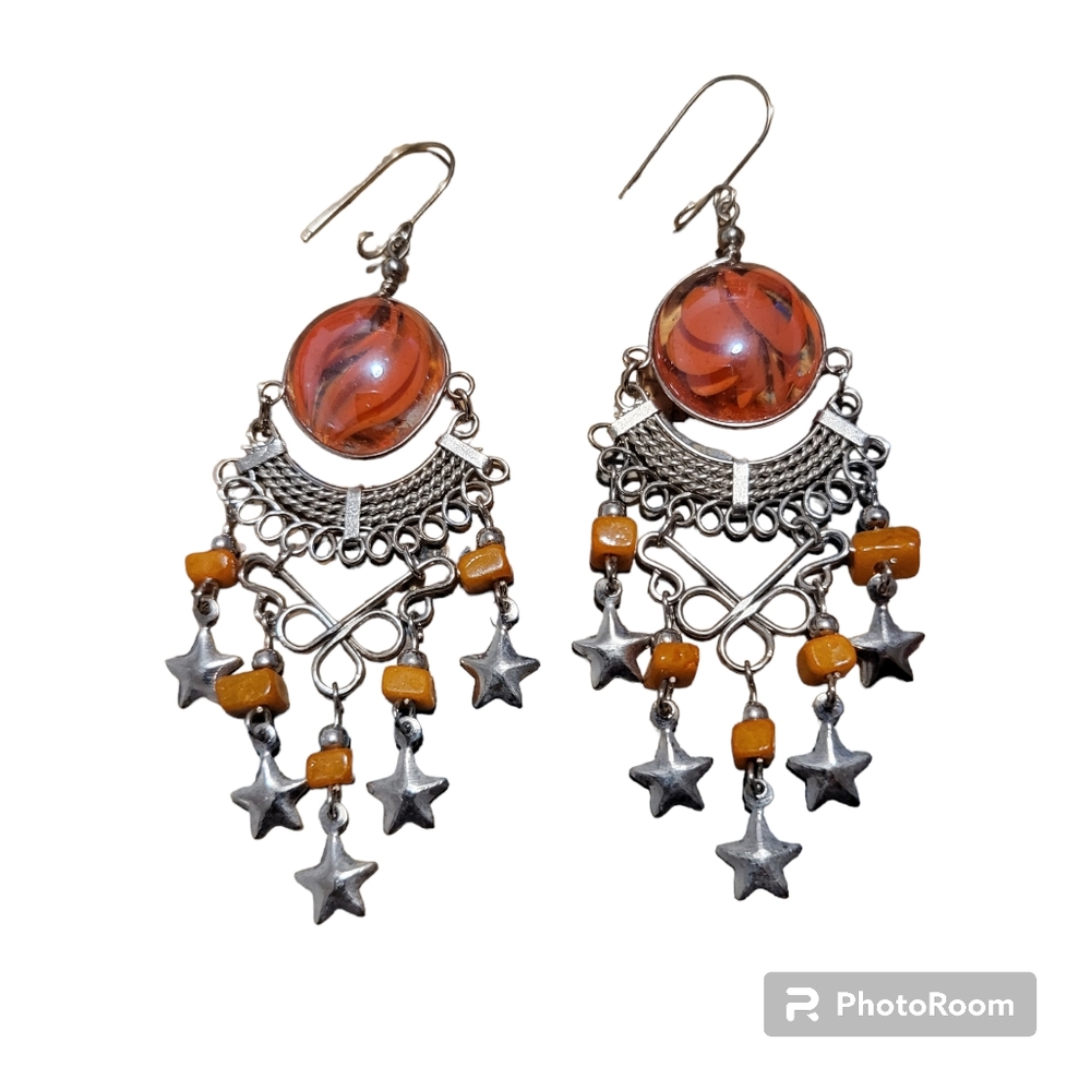 Peruvian Alpaca silver with marbled orange stone dangle Chandelier earri…